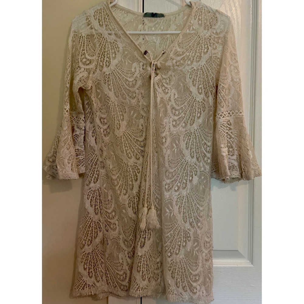 Blue‎ Island Women Cream Lace Mini Dress Tassel V-Neck Bell Sleeve Boho Medium